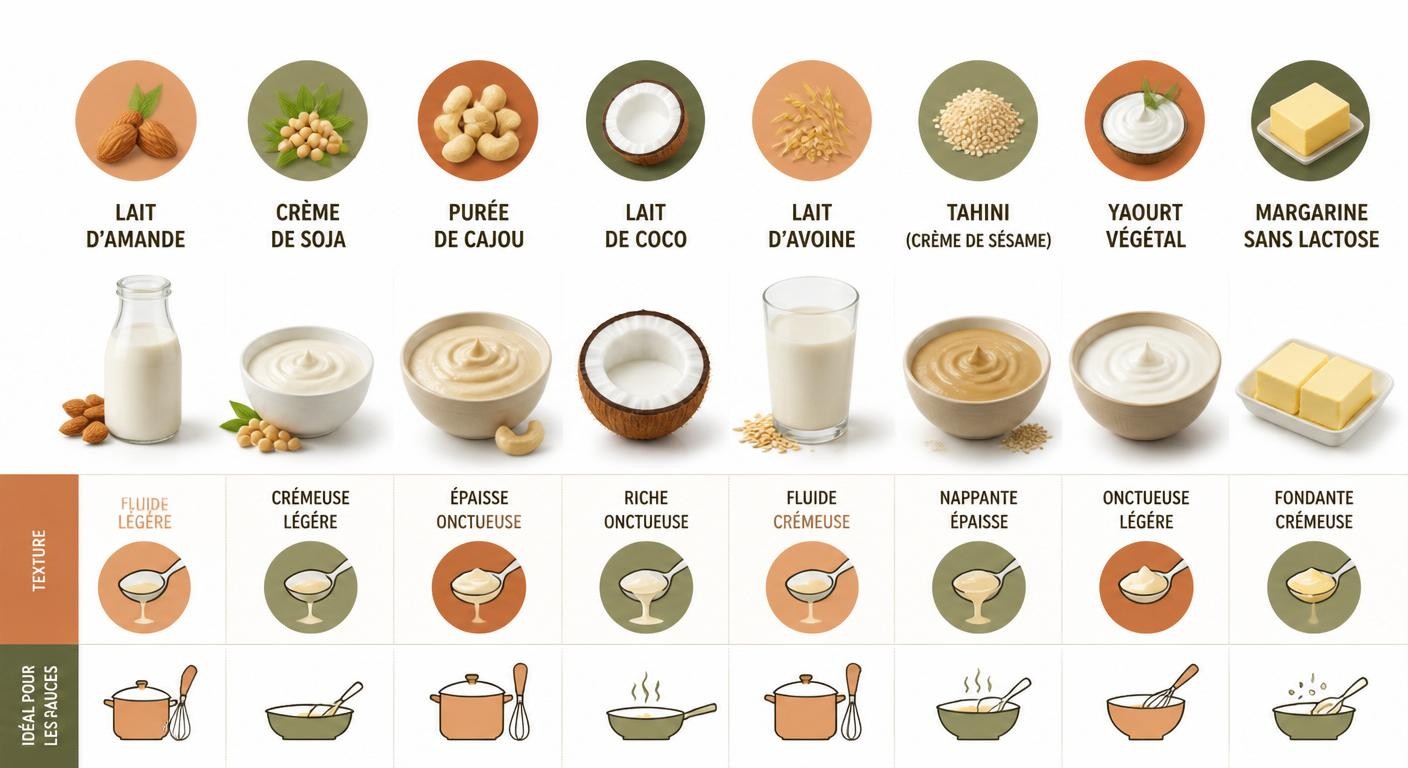 Infographie comparant 8 alternatives végétales à la crème et au lait pour les sauces