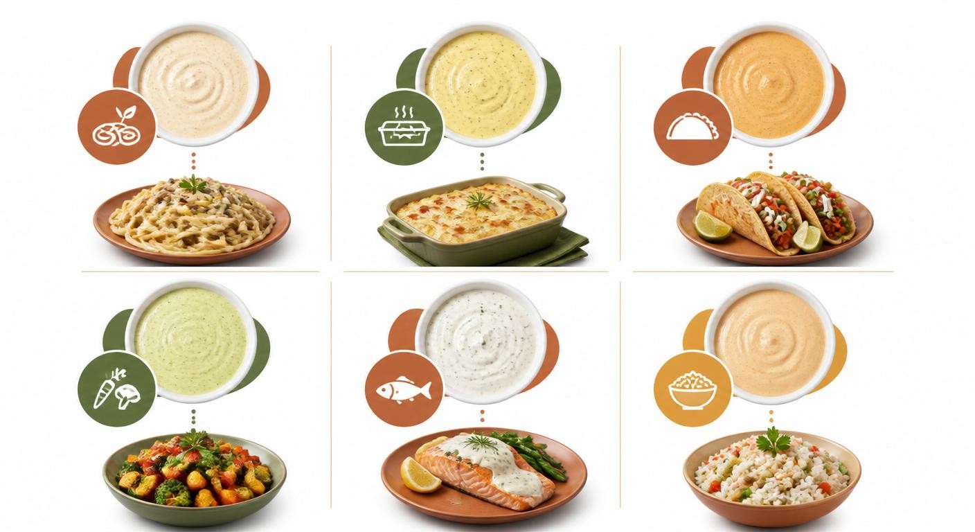 Infographie associant 6 sauces crémeuses sans lactose à leurs plats idéaux