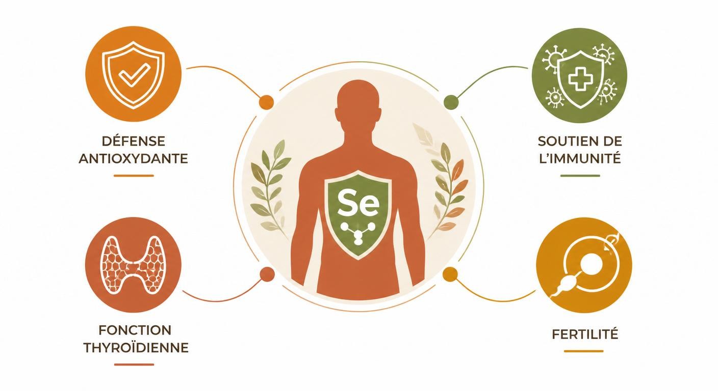 Infographie des quatre rôles principaux du sélénium dans l'organisme