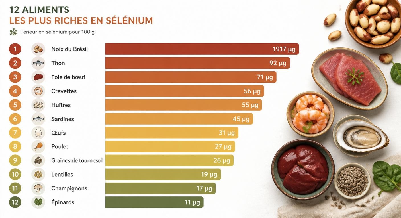 Infographie classant les 12 aliments les plus riches en sélénium