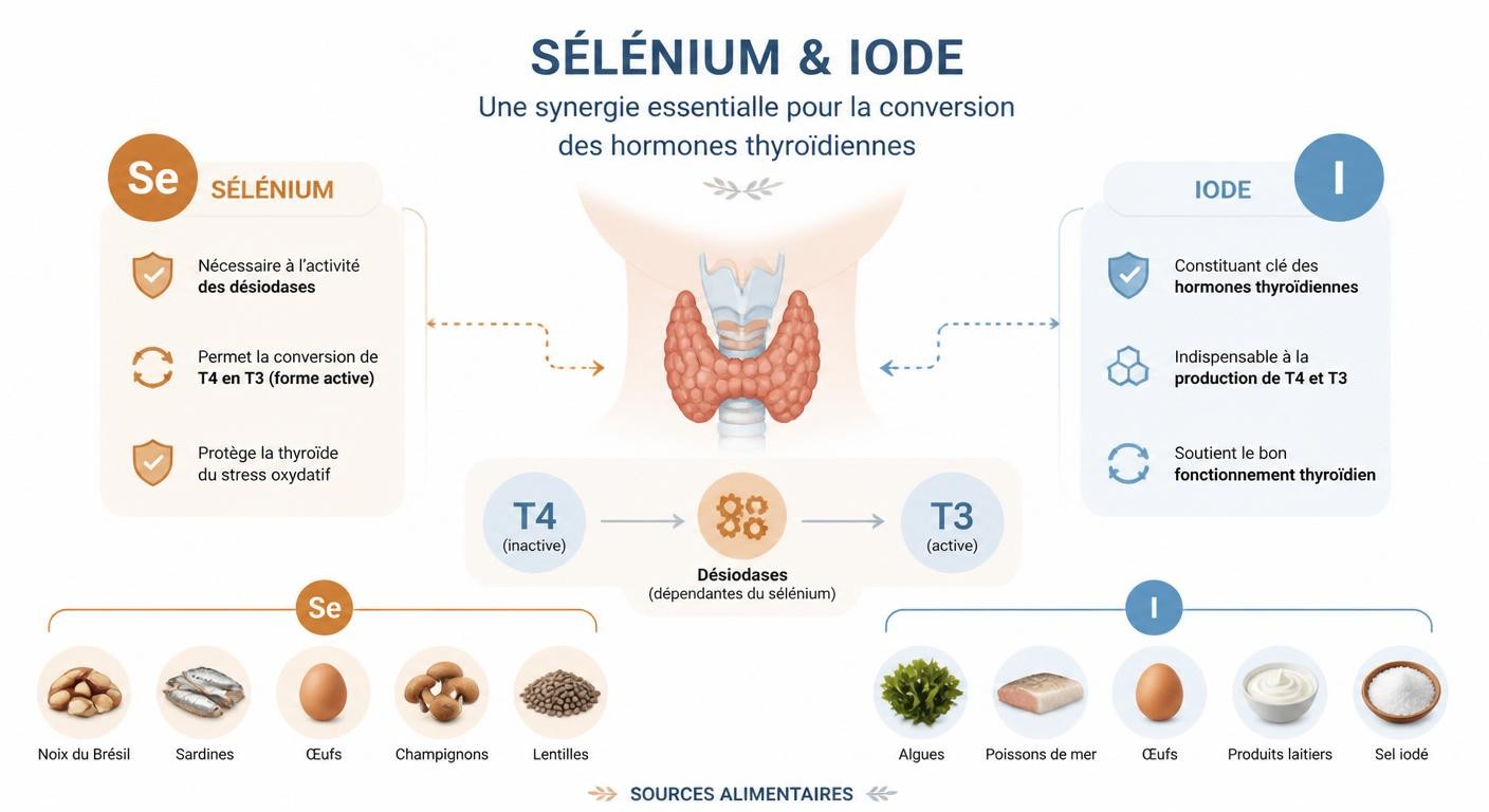 Infographie de la synergie entre sélénium et iode pour la thyroïde