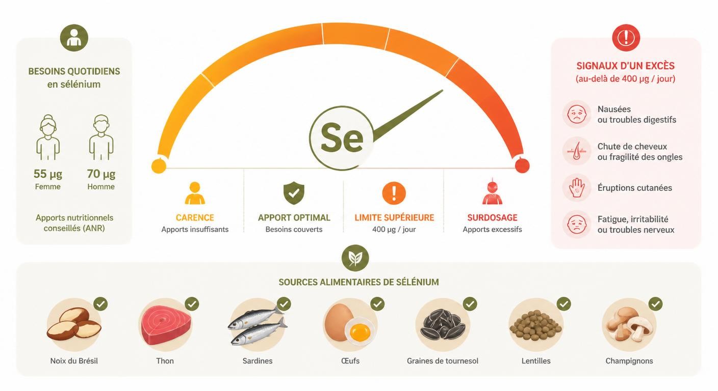 Infographie des besoins quotidiens en sélénium et du seuil de surdosage