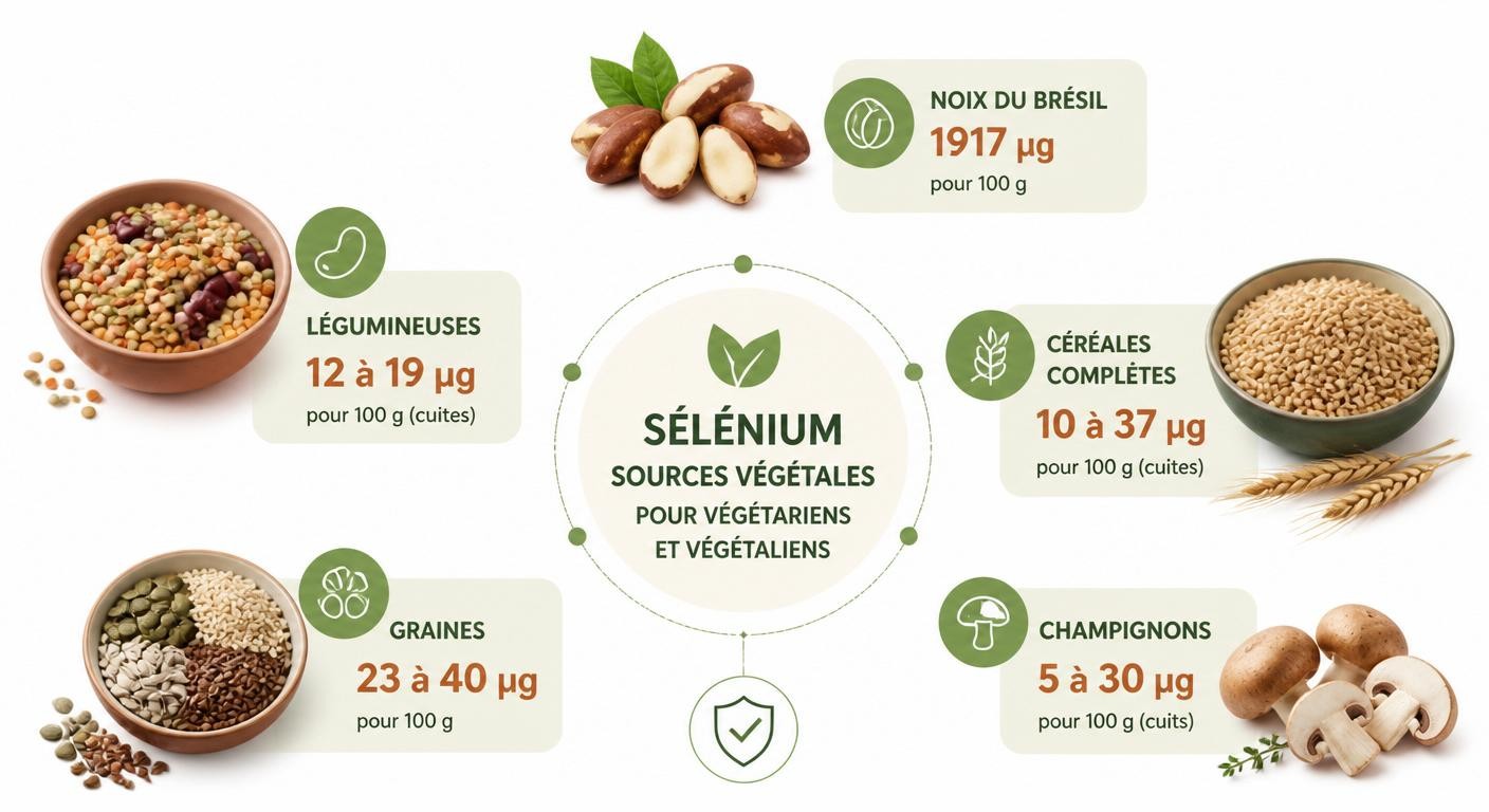 Infographie des sources végétales de sélénium pour végétariens et végétaliens
