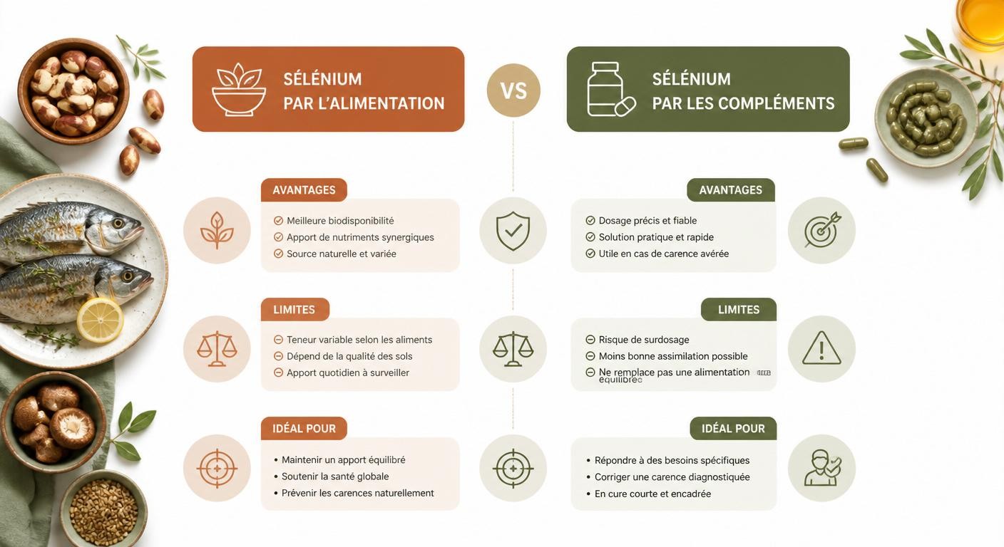 Infographie comparant l'apport alimentaire et les compléments de sélénium