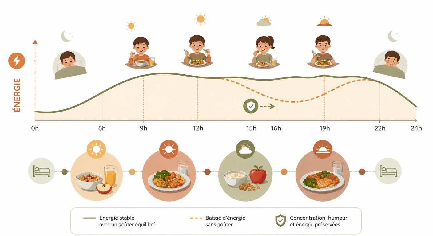 Infographie montrant le rôle du goûter sain dans l'énergie de l'enfant sur la journée