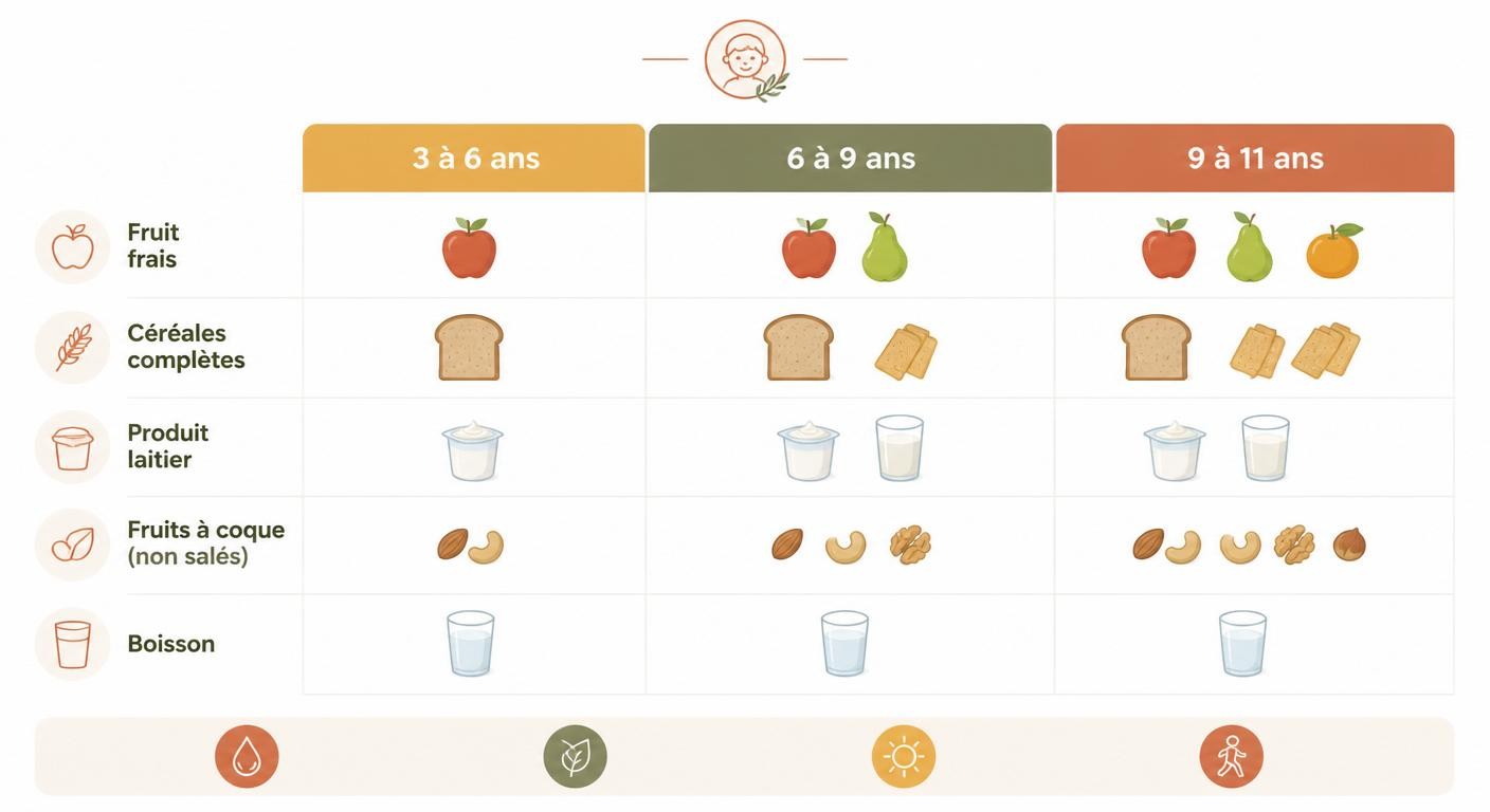 Infographie des portions de goûter sain selon l'âge de l'enfant