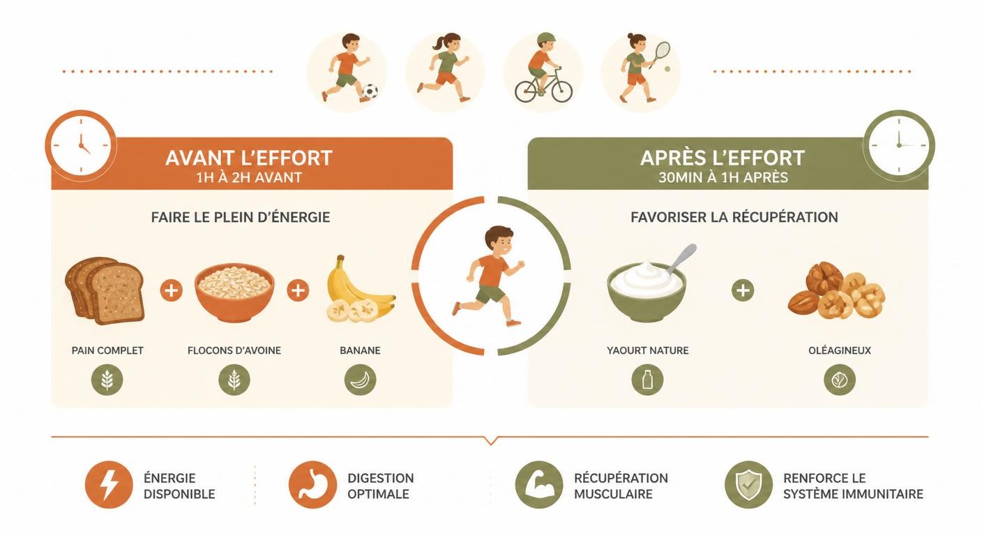 Infographie du goûter idéal pour l'enfant sportif avant et après l'effort
