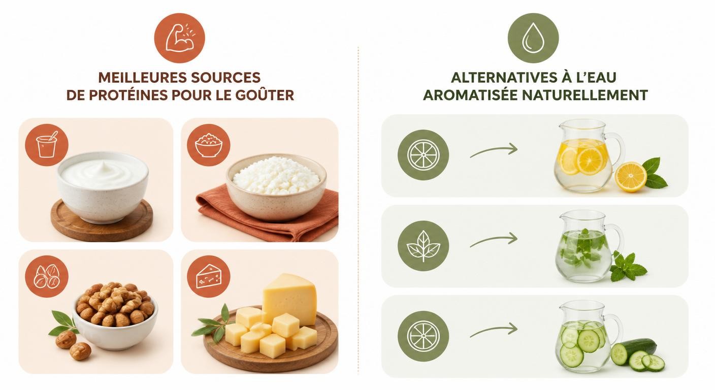 Infographie des sources de protéines et options d'hydratation pour le goûter de l'enfant
