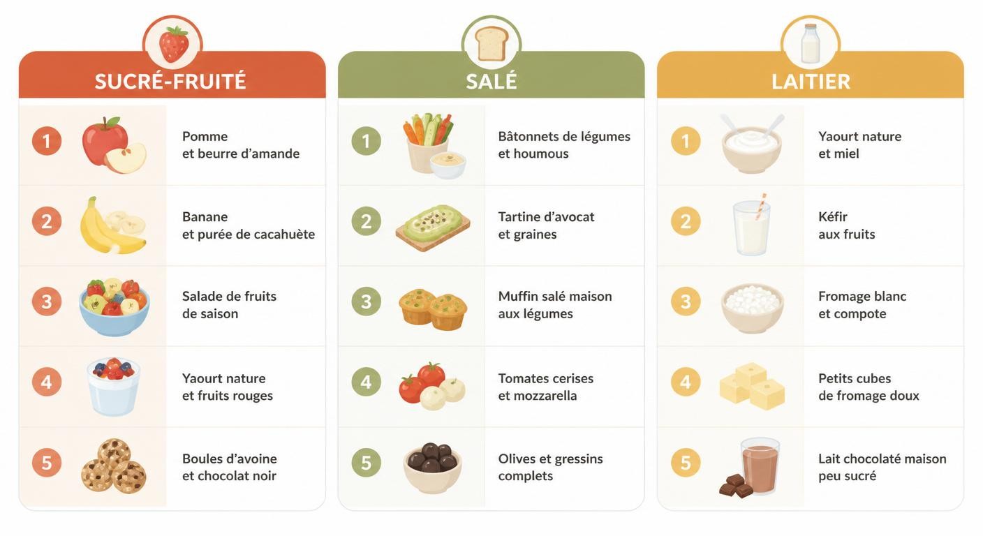 Infographie de 15 idées de snacks sains pour enfant classées par profil