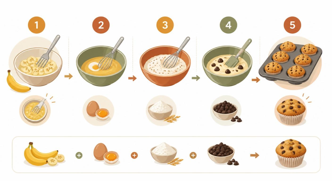 Infographie des étapes de préparation des muffins banane sans sucre ajouté pour enfant