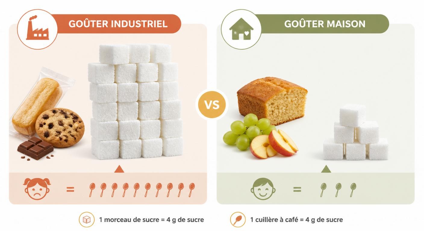 Infographie comparant le sucre d'un goûter industriel et d'un goûter maison