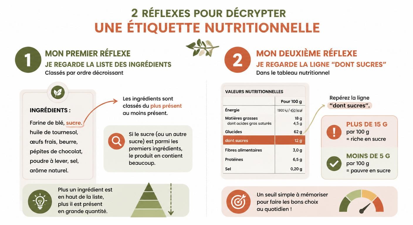 Infographie pour lire une étiquette nutritionnelle en 30 secondes et repérer le sucre caché