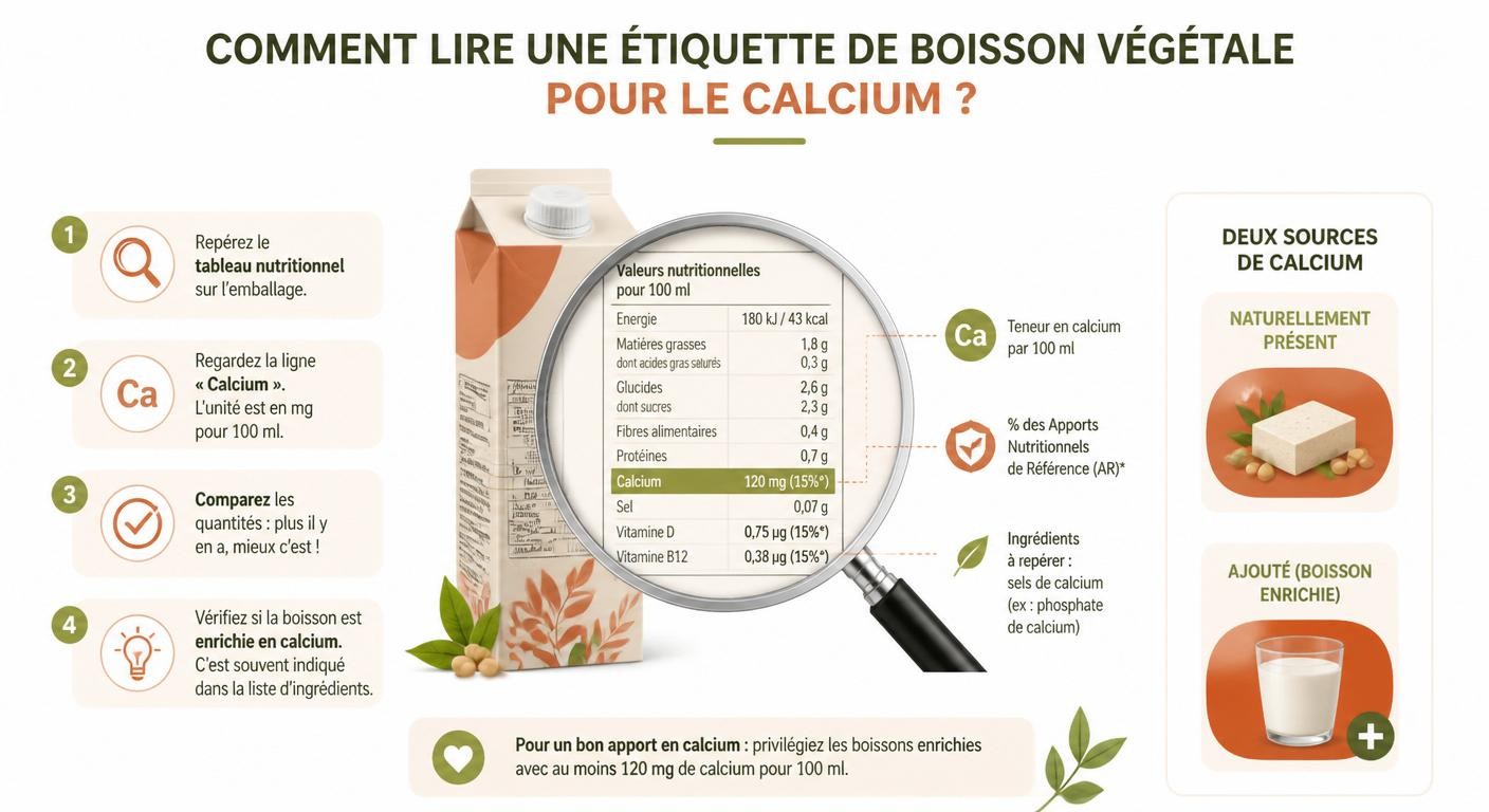 Infographie expliquant comment lire l'étiquette pour le calcium des produits enrichis