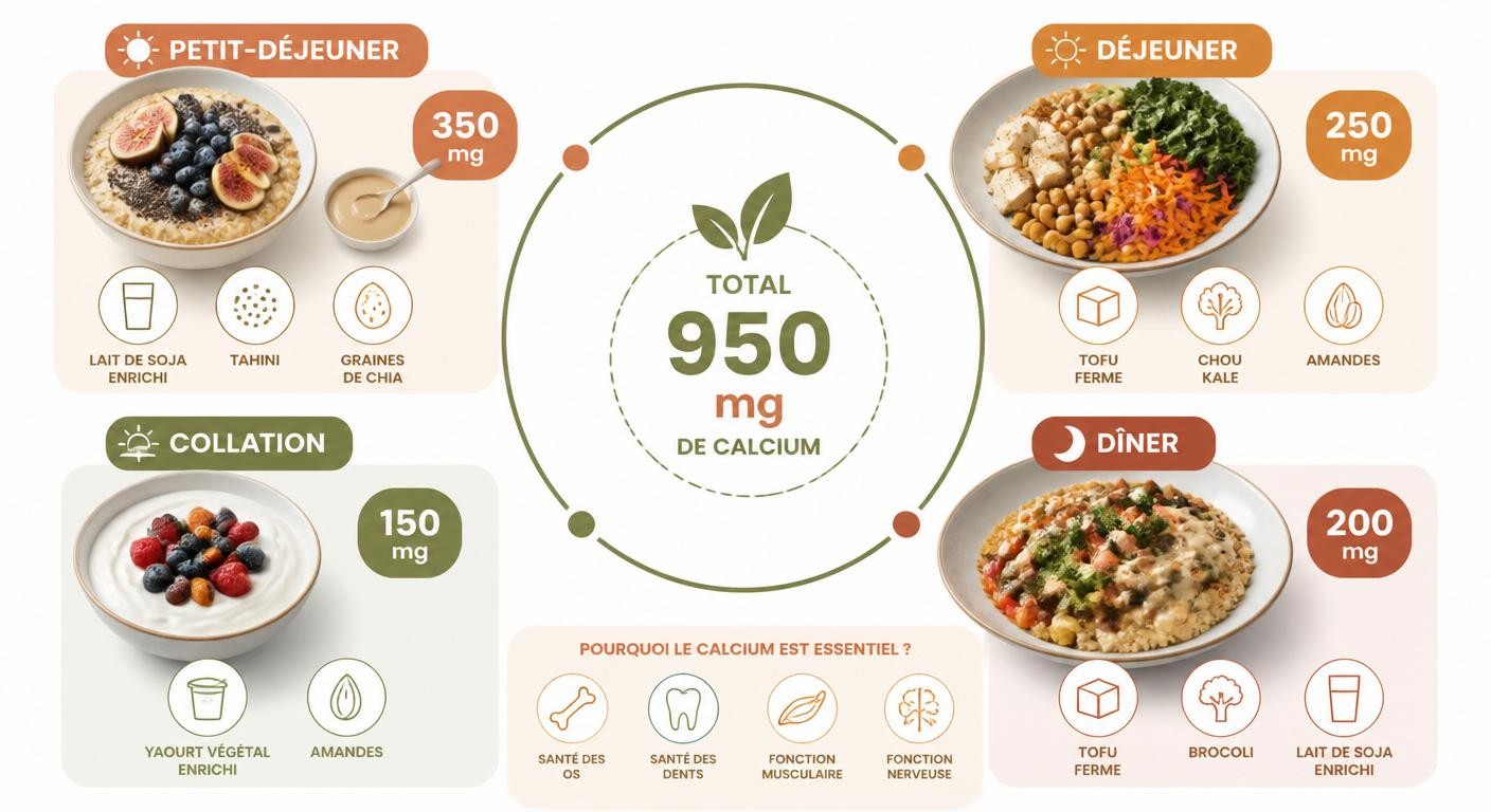 Infographie d'une journée végane couvrant les besoins en calcium