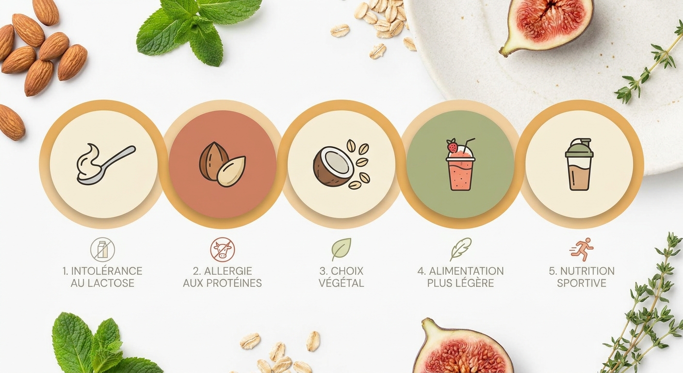 Infographie présentant les cinq raisons principales de remplacer le lait dans une recette
