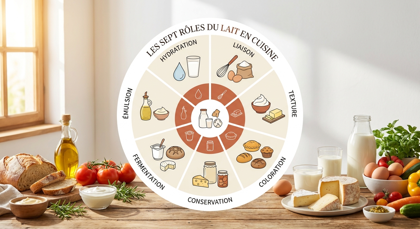 Infographie circulaire des sept rôles du lait en cuisine