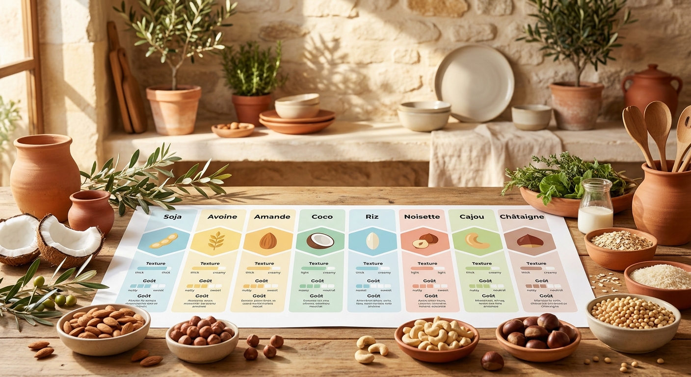 Infographie comparative de huit laits végétaux pour cuisiner