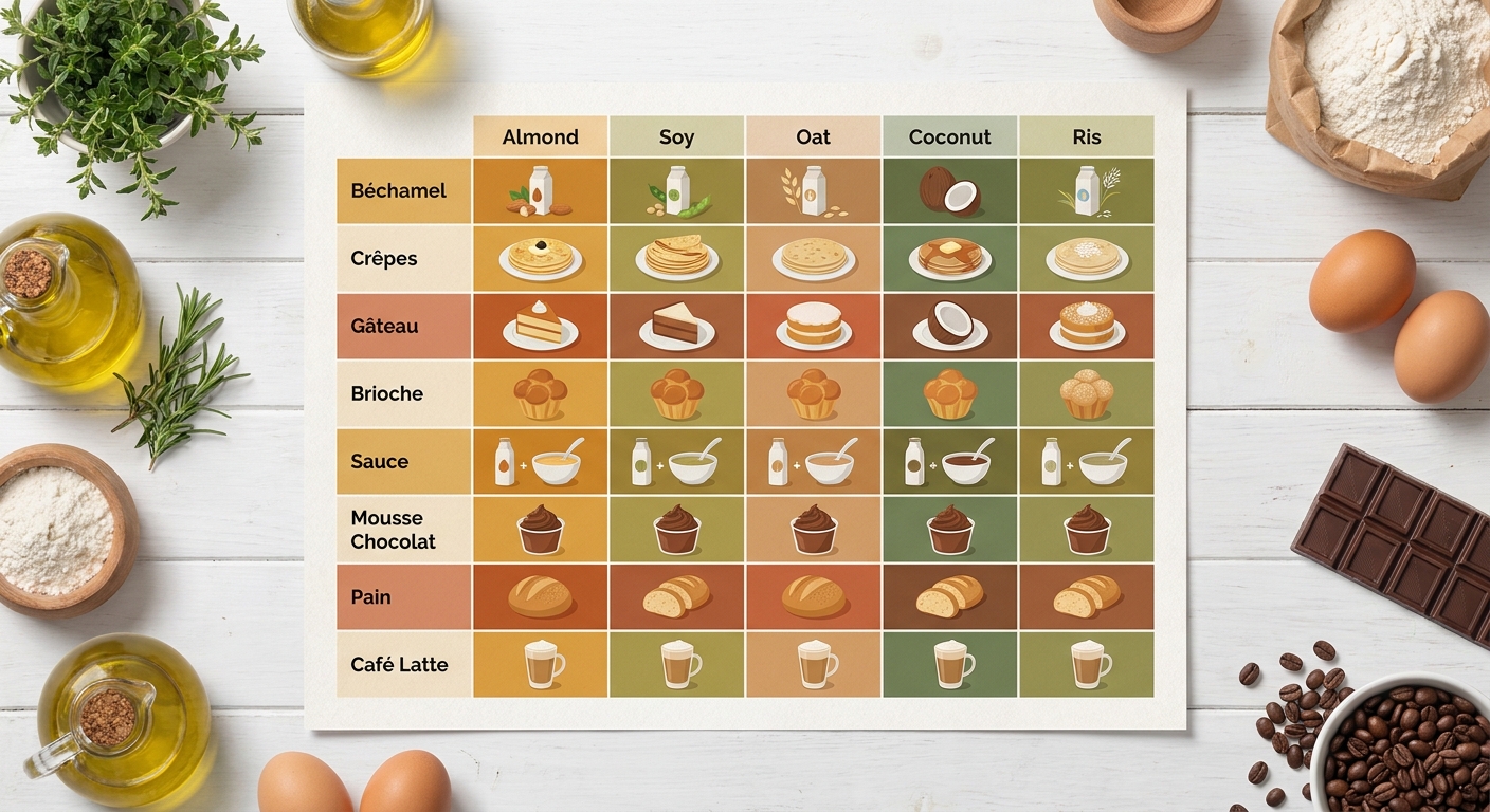Infographie matricielle associant huit recettes à leurs substituts du lait recommandés