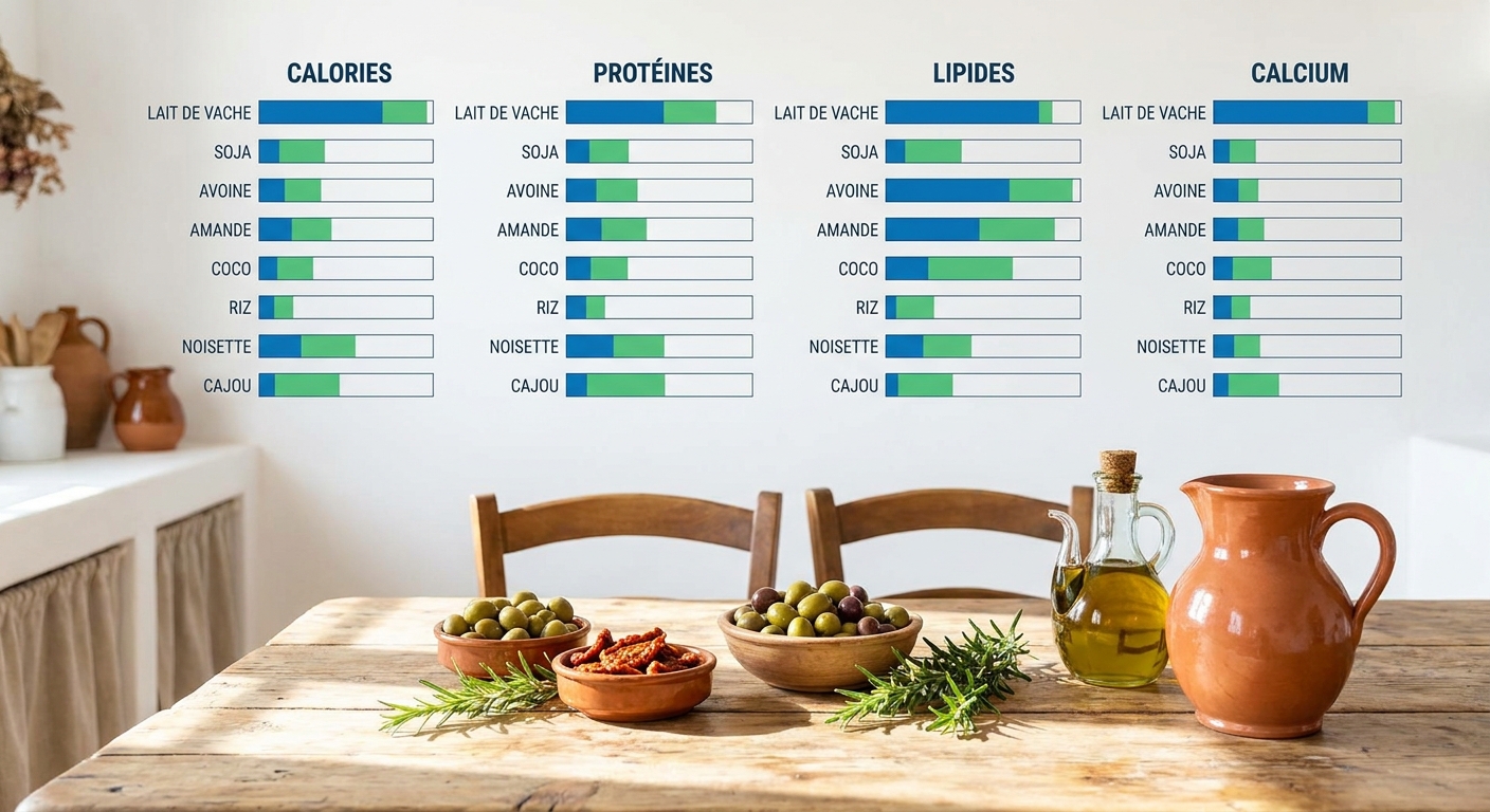 Infographie nutritionnelle comparée de huit alternatives au lait