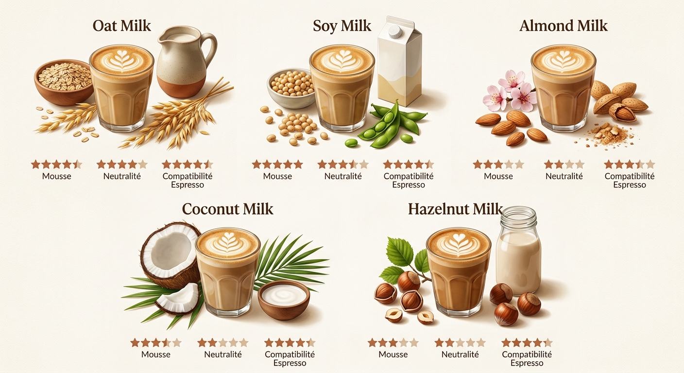 Infographie comparant cinq laits végétaux pour le café