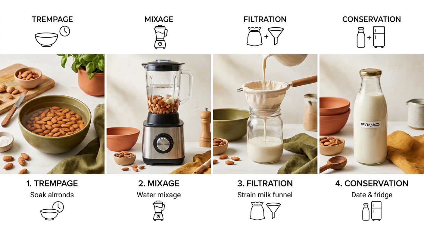 Infographie pédagogique de préparation d'un lait végétal maison en quatre étapes