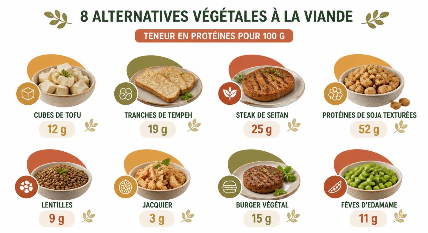 Infographie des 8 substituts de viande les plus utilisés et leur teneur en protéines
