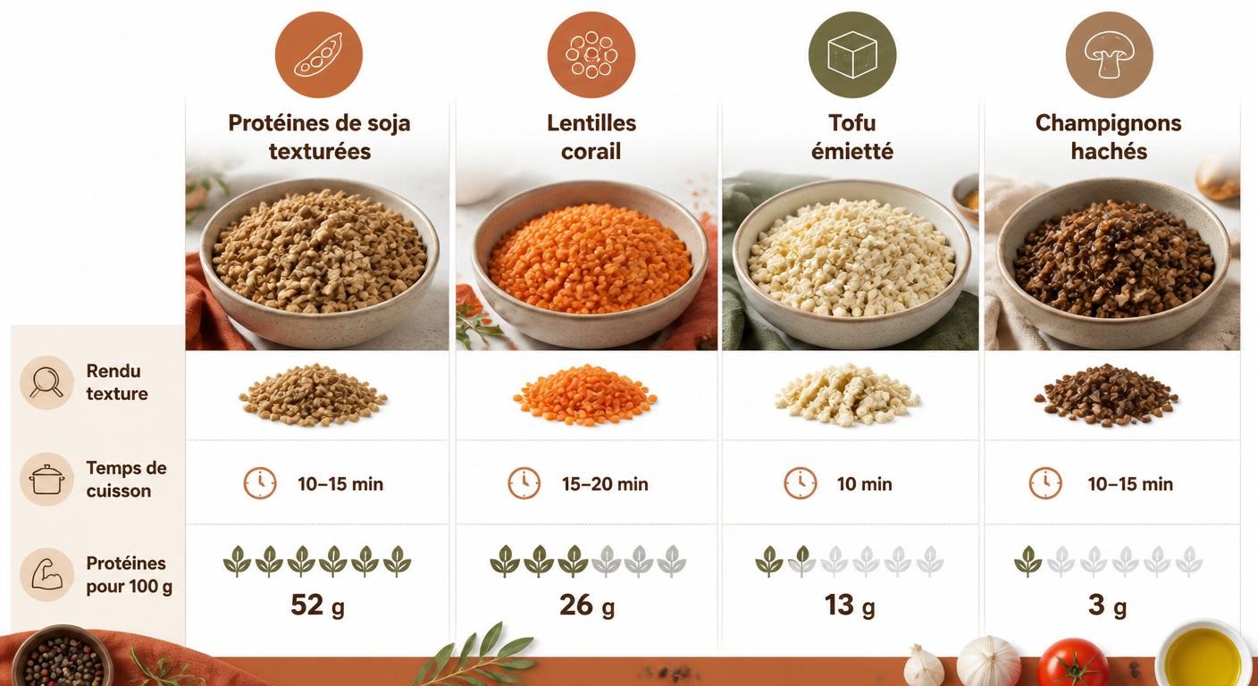 Infographie de 4 alternatives à la viande hachée avec rendu de texture et apports protéiques