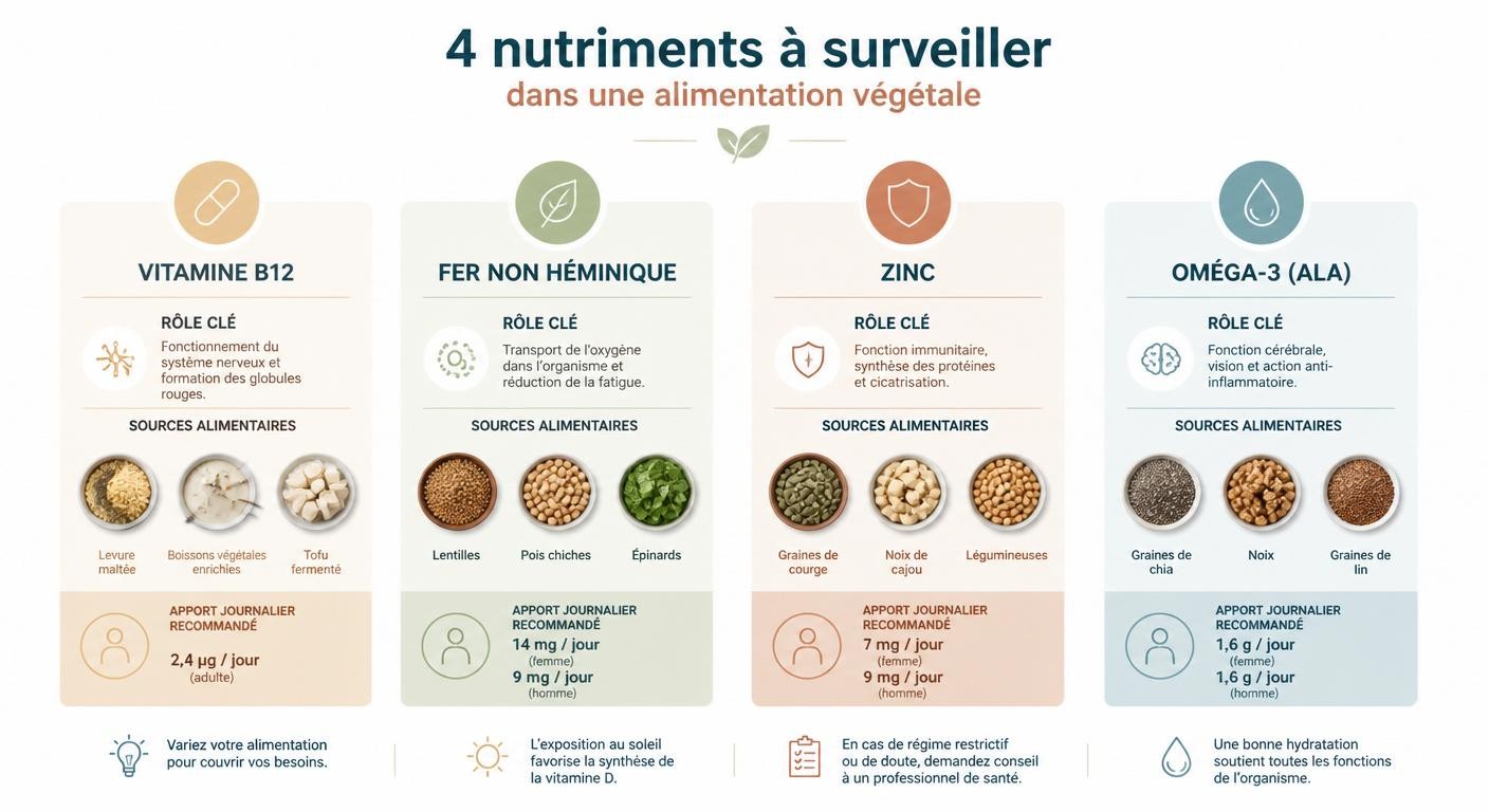 Infographie des 4 micronutriments à surveiller en alimentation végétale