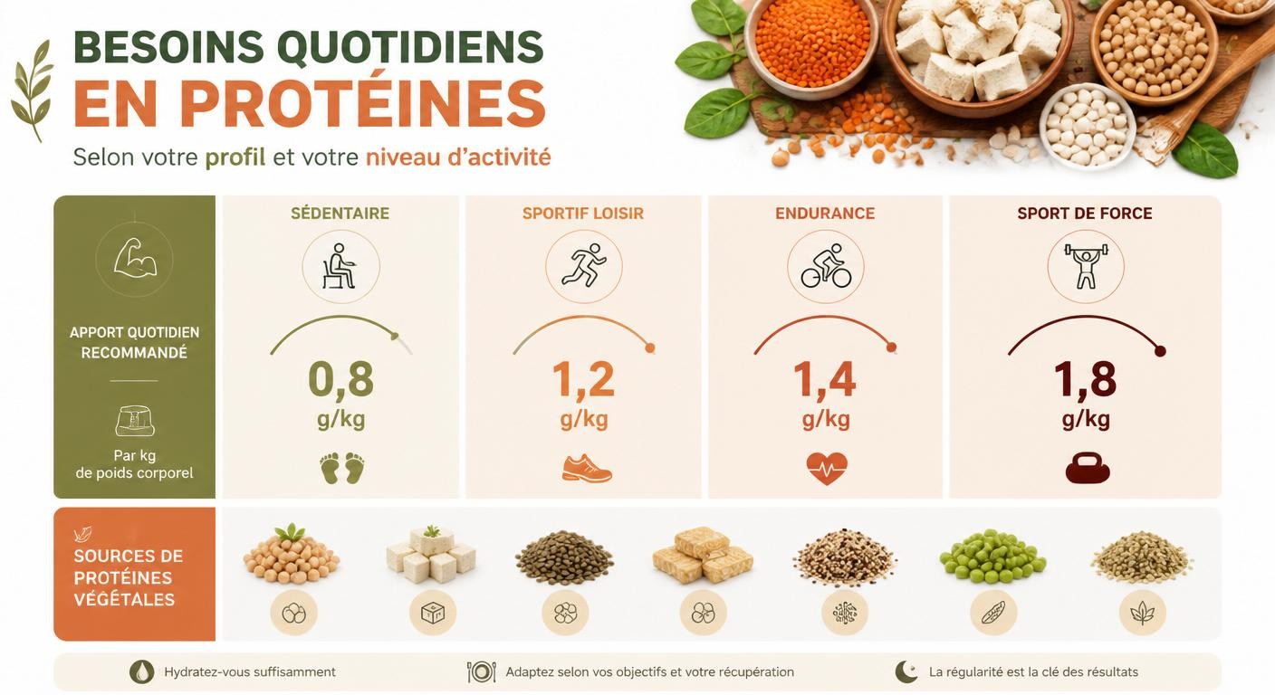 Infographie des besoins en protéines selon le profil sportif et les sources végétales correspondantes