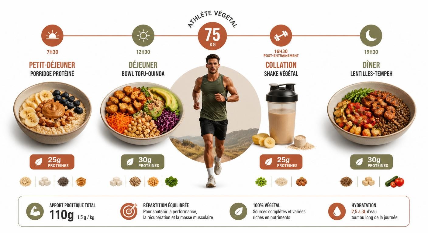 Infographie de la journée alimentaire type d'un sportif pratiquant une alimentation 100 % végétale