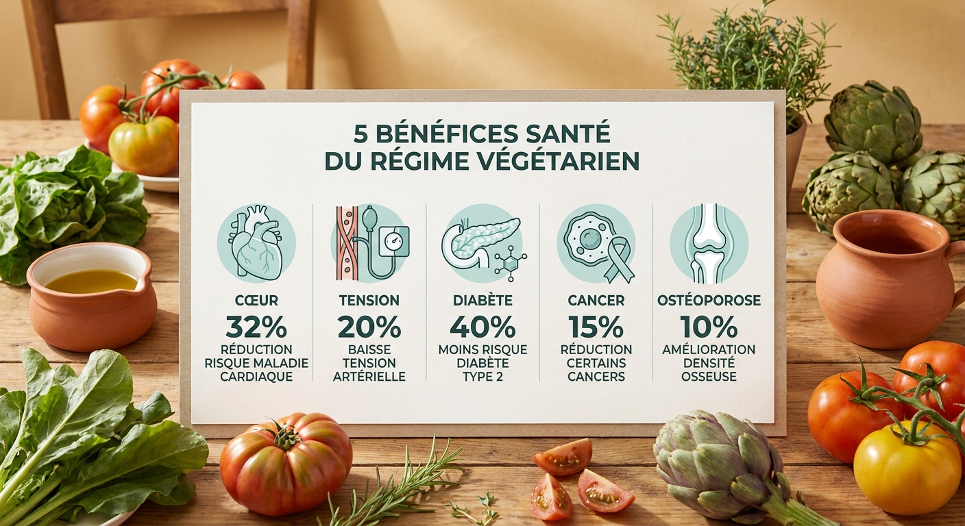Infographie des 5 bénéfices santé prouvés du régime végétarien