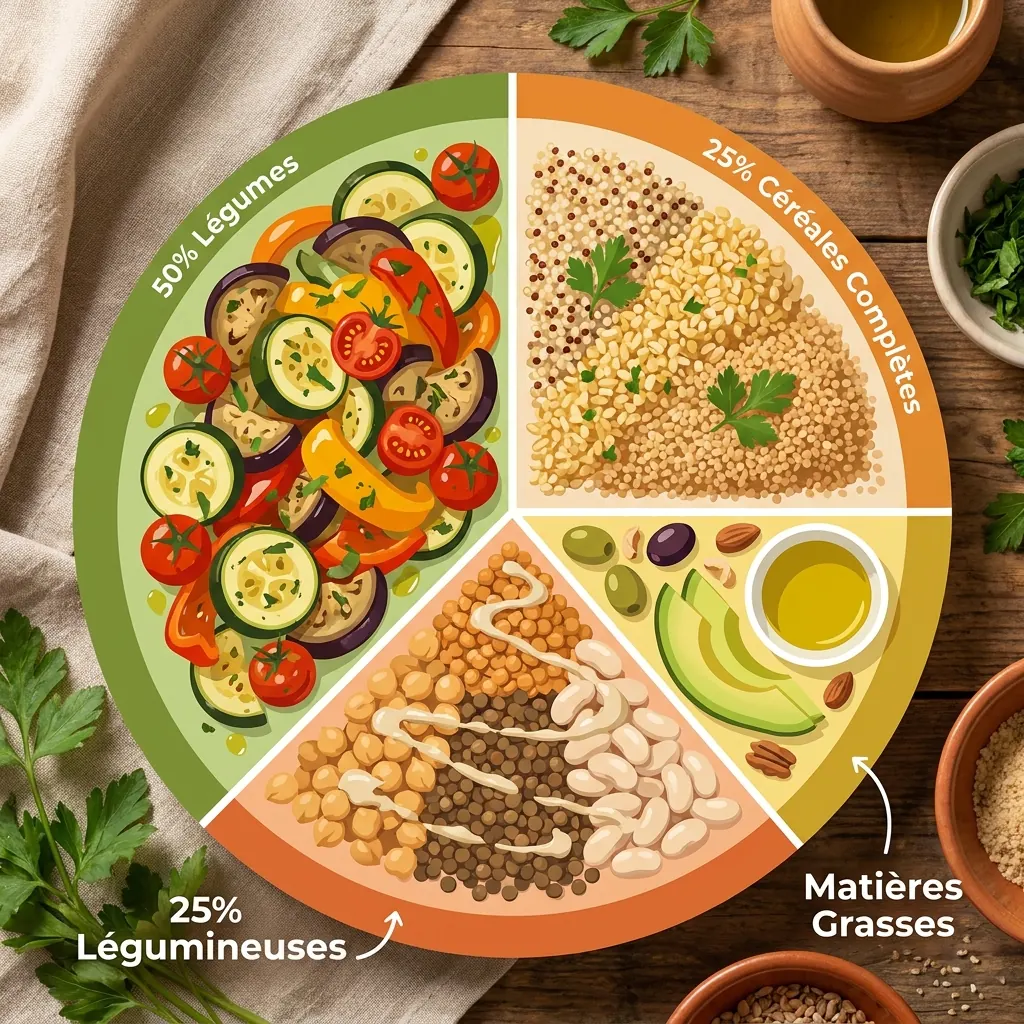 Infographie de l'assiette végétarienne équilibrée en 4 composantes