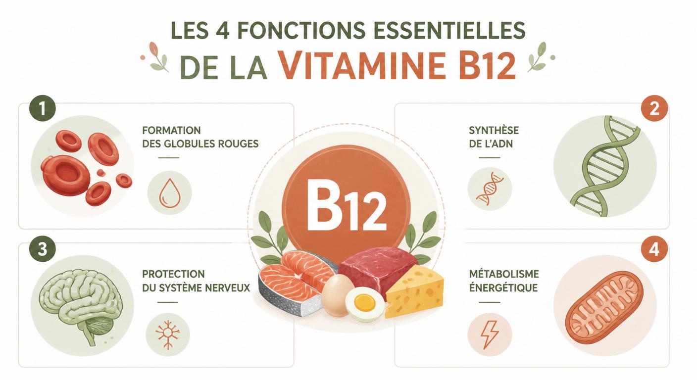 Infographie présentant les quatre rôles essentiels de la vitamine B12 dans le corps humain