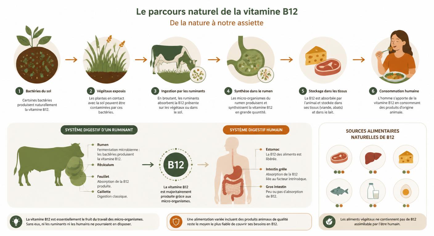 Schéma de l'origine bactérienne de la vitamine B12 et différences digestives entre ruminants et humains