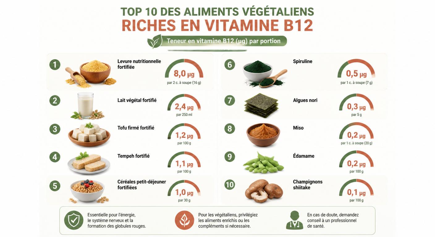 Classement infographique des dix aliments végétaliens les plus riches en vitamine B12