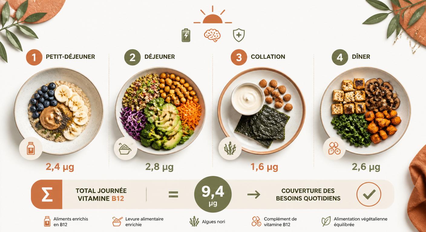 Plan d'une journée végétalienne complète couvrant 100 % des apports recommandés en vitamine B12