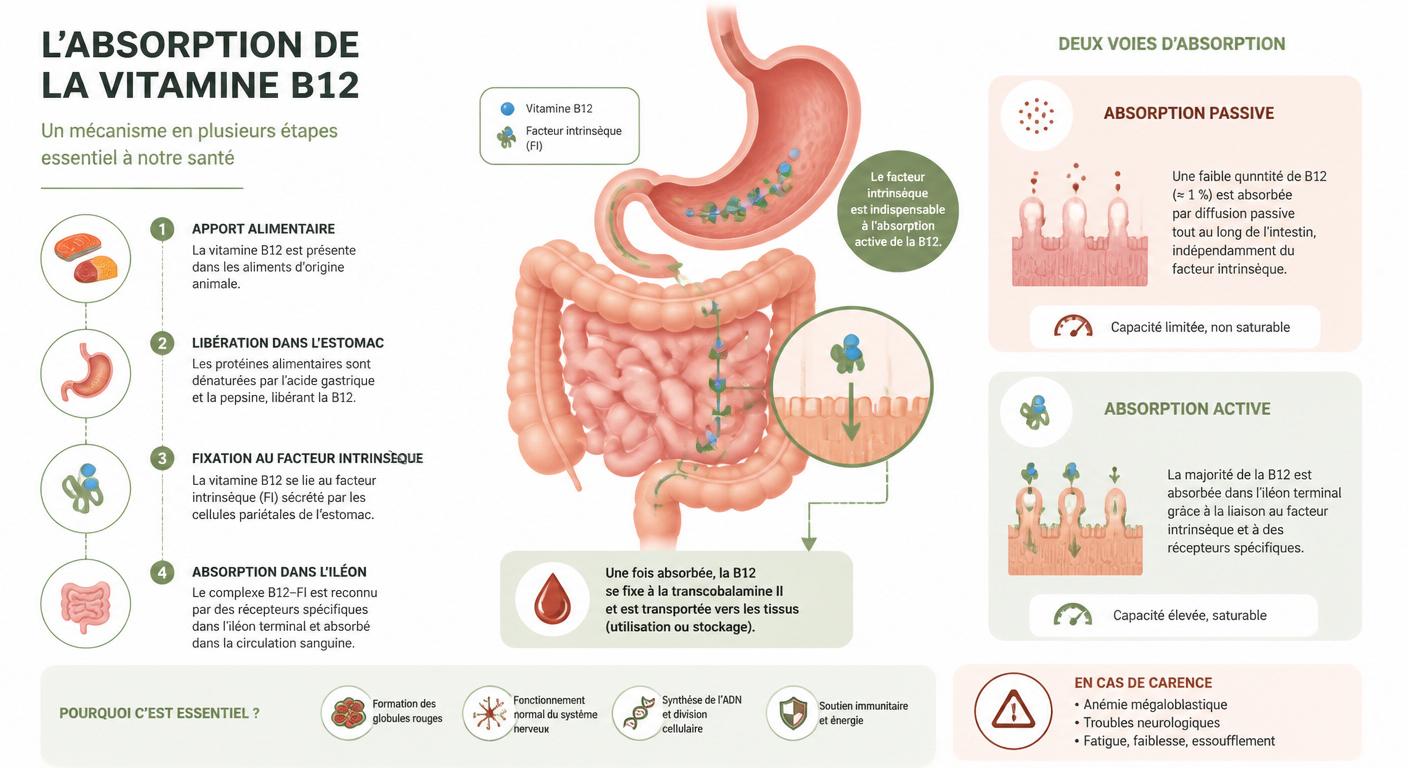 Schéma du mécanisme d'absorption de la vitamine B12 et facteurs d'optimisation