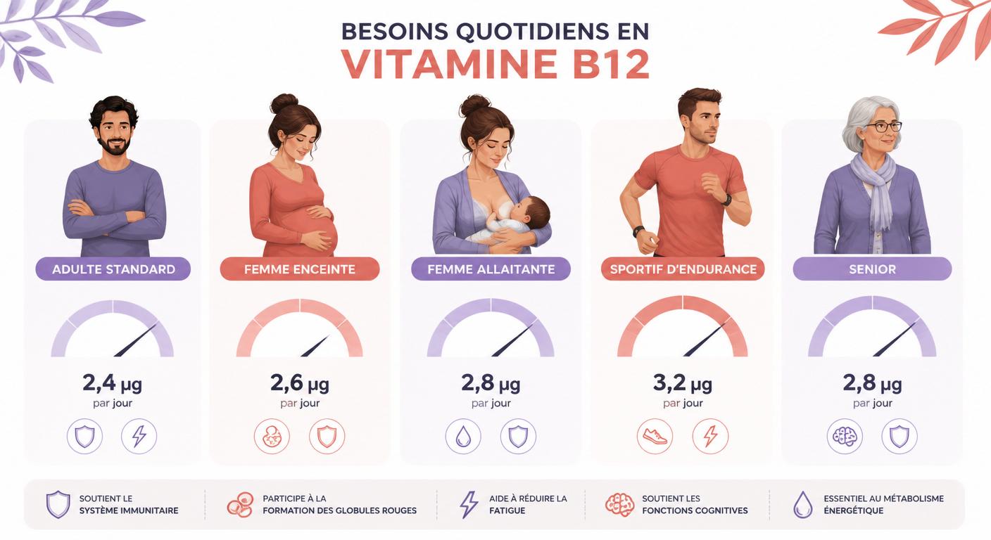 Tableau visuel des besoins majorés en vitamine B12 selon le profil végétalien