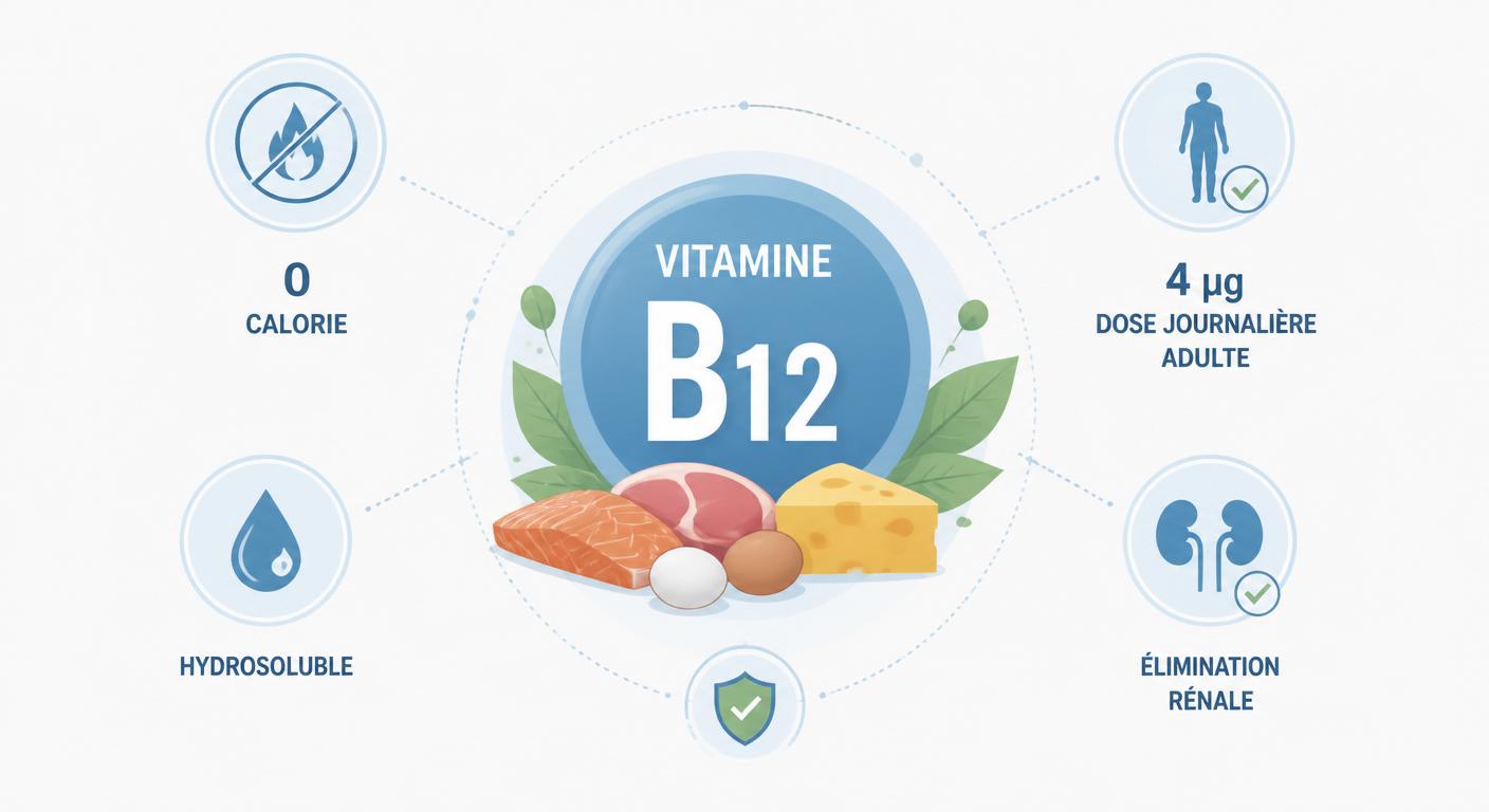 Infographie présentant les caractéristiques nutritionnelles de la vitamine B12