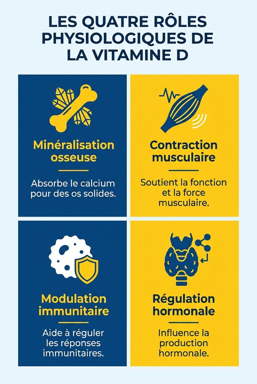 Infographie des quatre rôles physiologiques de la vitamine D