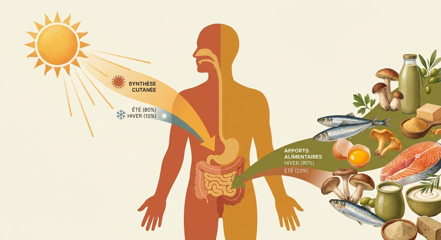 Infographie comparant la synthèse cutanée et l'apport alimentaire en vitamine D