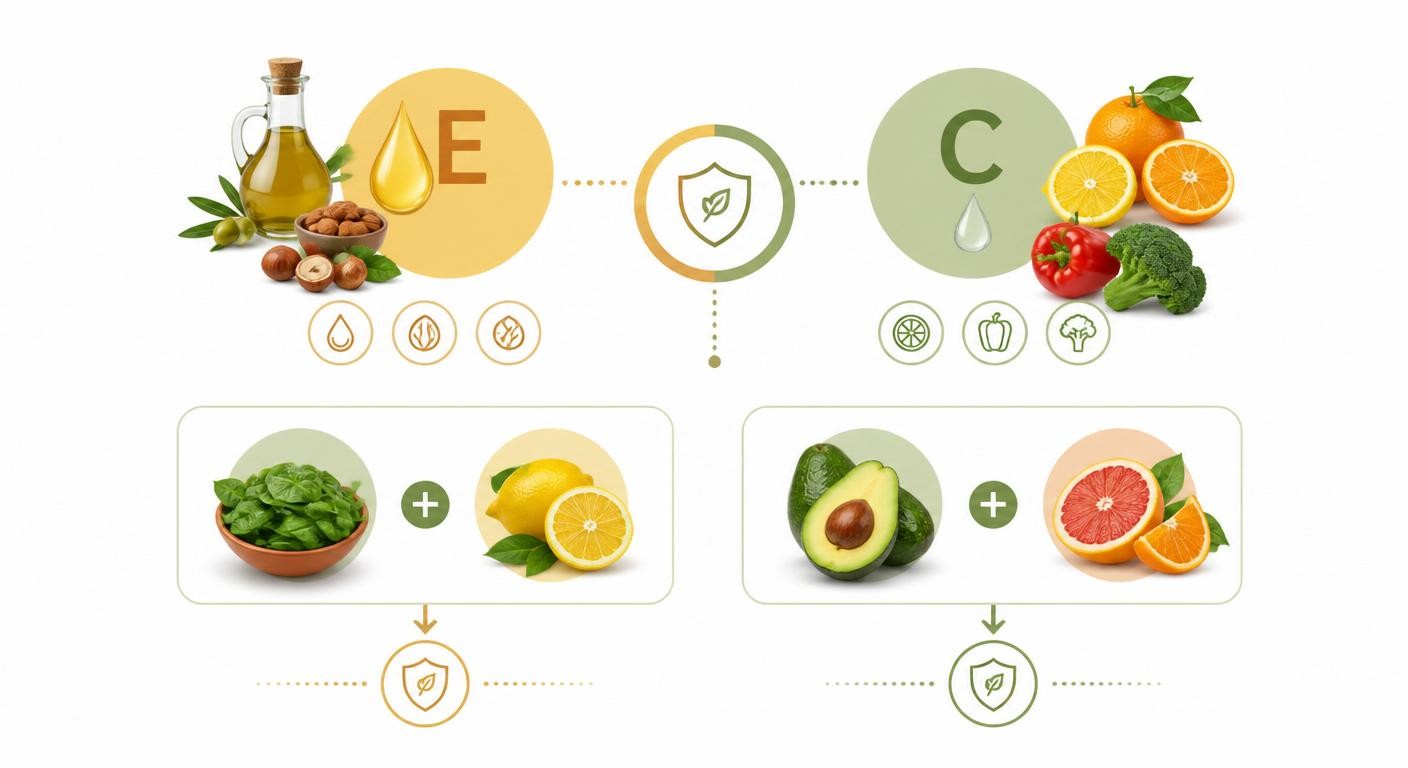Synergie vitamine E et vitamine C dans l'assiette, complémentarité liposoluble et hydrosoluble