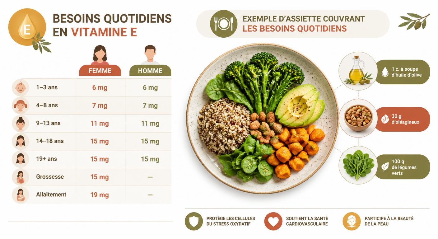 Besoins quotidiens en vitamine E et exemple d'assiette pour les couvrir